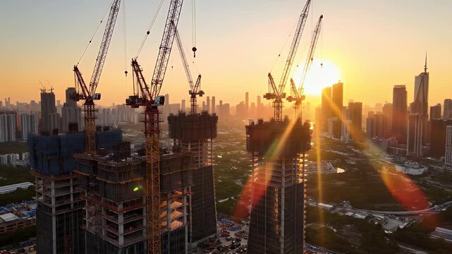 Skyscrapers under construction at sunset with cranes in the foreground and a city skyline in the background