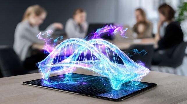 Digital representation of a futuristic bridge design displayed during a business meeting in a modern office space - Powered by Adobe
