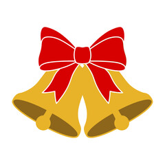 A festive illustration of two golden Christmas bells adorned with a bright red ribbon bow, symbolizing the holiday season.
