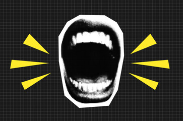 Halftone screaming mouth with doodle elements.Halftone collage with  screaming mouth 
