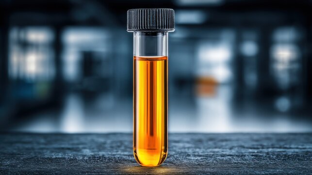 Bright amber liquid in a laboratory test tube against a blurred background