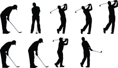 Golf swing silhouette, black figure, sports motion, athletic posture, golfing technique, swing sequence, training form, dynamic movement, isolated white background