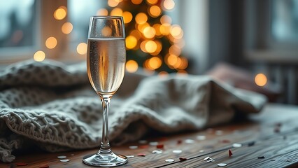 dcf. A champagne flute with golden bubbles on a wooden table beside a cozy blanket and festive confetti. bar promotions, beverage menus, designed for food & beverage menus and cafe branding.