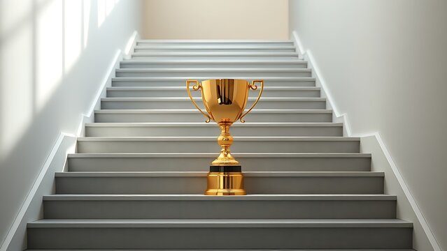 middleground. A golden trophy rests on a central staircase step, symbolizing achievement with elegant lighting and a minimalist polished metal surface. event key visuals.