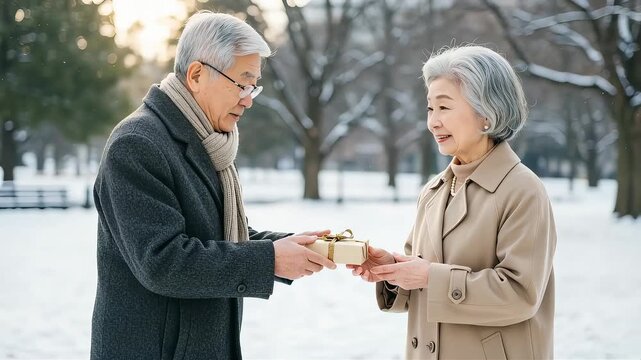 雪の公園で、シニアの夫が妻に小さなプレゼントを渡す