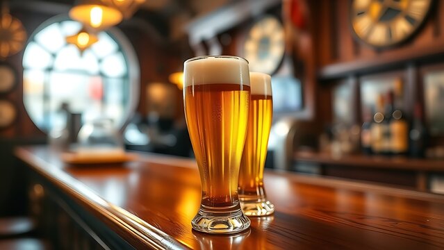 hangout. Two beer glasses on a wooden bar counter with warm lighting and a blurred tavern background. bar promotions, beverage menus, designed for food & beverage menus and cafe branding.