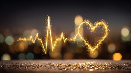 Golden heartbeat and heart symbol glowing against a blurred cityscape at night