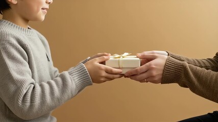 親子によるプレゼントの受け渡し（手元クローズアップ）
