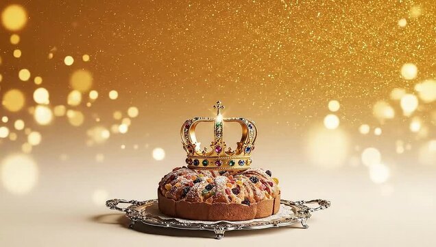 D&iacute;a de los Reyes Magos theme, crown with jewels sparkling gently, traditional Rosca de Reyes bread on ornate tray