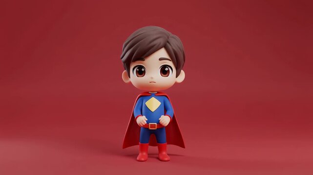 A cute chibi boy character dressed as a superhero with a blue suit and red cape.