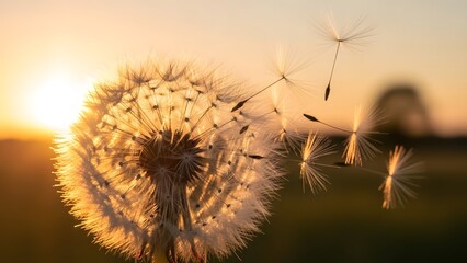 Close-up of a dandelion puffball with seeds scattering in the golden light of a sunset over a field.