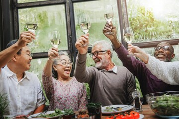 Group of diverse senior friends toasting with wine glasses, enjoying a meal. Senior friends celebrating together. Senior people sharing a joyful lunch. Retired people having lunch at restaurant.