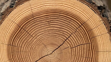 Fototapeta premium Detailed close-up of a freshly cut tree trunk cross-section showing distinct annual growth rings and a prominent central crack.