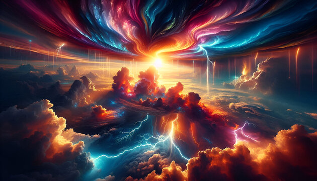 Clouds with lightning, a colorful sky. Lightning is visible from the cloud level down. There are blue, red, pink colors, here the sun is visible. - Powered by Adobe