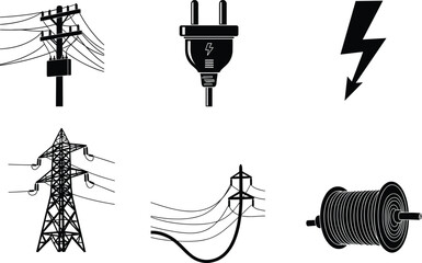 Electric utility vector icon set featuring power poles, plug symbol, lightning bolt, transmission towers, cable lines, and wire coil in black silhouette style