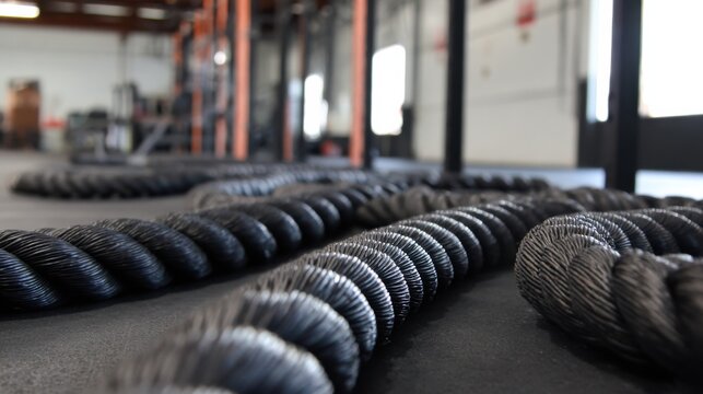 Fitness ropes arranged on the gym floor in an indoor training facility for strength workouts during the day