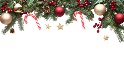 Festive christmas border with ornaments candy canes and pine branches