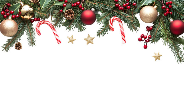 Festive christmas border with ornaments candy canes and pine branches