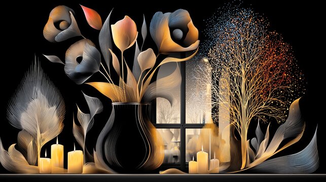 AI-generated illustration of a charming still life scene with a vase of flowers and candles on a window sill, in black, white, yellow and orange - Powered by Adobe