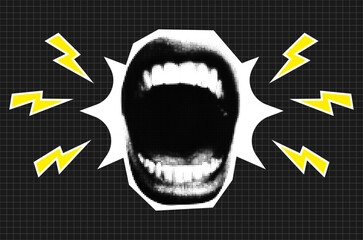 Trendy punk halftone collage poster with screaming mouth