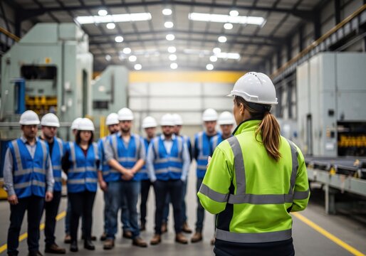 Female Manager Leading Safety Briefing for Industrial Workers in a Modern Factory Setting