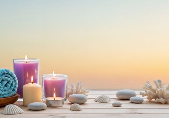 Relaxing Spa Still Life with Lit Candles, Serene Stones, and Peaceful Ocean Elements