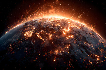 The earth bursts with fire as global warming causes the climate to change, space view of the world burning