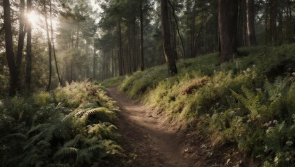 Fototapeta premium Sunlit Path Through a Lush Green Forest.