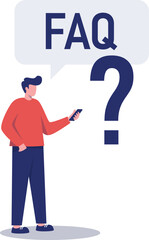 Man with smartphone FAQ speech bubble and question mark