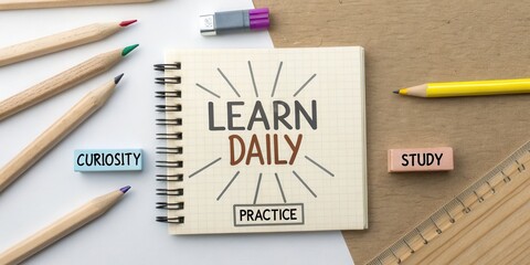 Daily Learning Motivation Concept with Notebook and Colorful Stationery Items for Education and Personal Growth