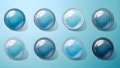 Set of shiny blue glass spheres, glossy orbs, and circular buttons for web design and user interface elements on a light blue background