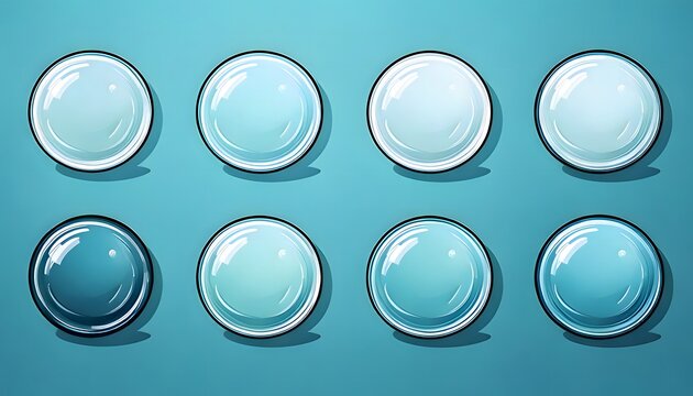 A collection of glossy blue circular buttons and shiny glass orbs, an asset set for game or web user interface design