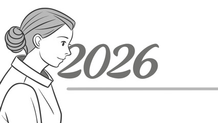 Naklejka premium Illustration of a woman with hair in a bun next to the year twenty twenty six in gray color scheme