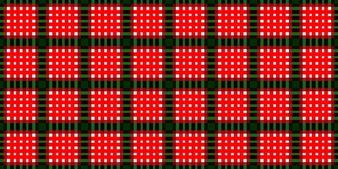 Red, green and white knitted background. seamless christmas pattern. Red and white knitted pattern. Vibrant red, white, and green geometric pattern with repeated square motifs with a grid-like style.