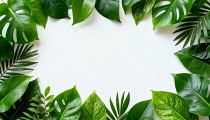 Fototapeta premium Lush green leaves frame on white background for nature theme designs