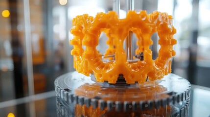 3D printed orange object rotating on a machine in a modern lab.  Possible use Science education