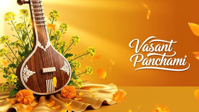 Vasant Panchami banner, soft yellow to orange gradient background, blooming mustard flowers gently swaying, Saraswati veena resting on silk cloth