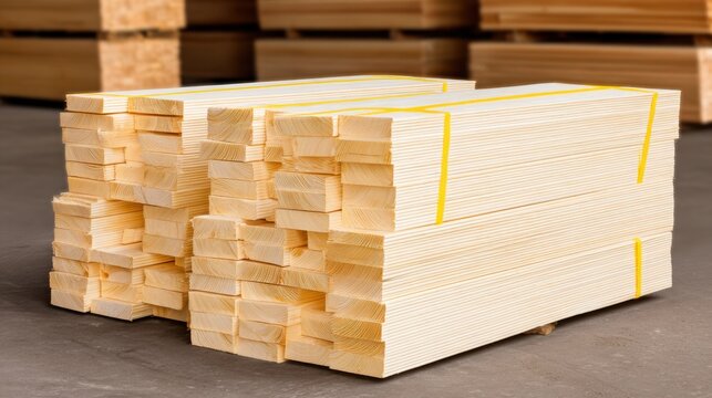 Stacked lumber ready for construction at a warehouse during daylight hours - Powered by Adobe