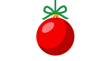 A red Christmas ornament with a green bow hanging from a string.