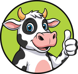 Smiling cartoon cow giving thumbs up inside green circle, friendly farm animal mascot for dairy, agriculture, food, and educational content.
