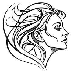 Elegant profile of a woman with flowing hair rendered in a striking black and white graphic illustration style conveying grace and beauty