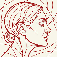 Elegant profile of a woman rendered in bold red lines against a creamy background with abstract swirling patterns symbolizing thought or movement