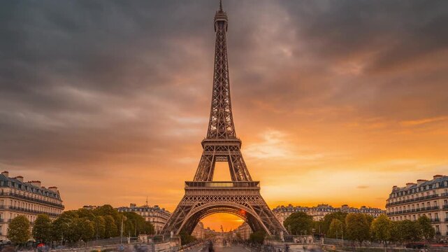 Romantic Eiffel Tower Sunset Landscape with Soft Moving Light Clouds in Paris