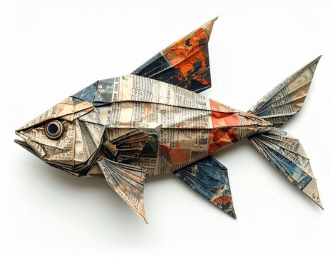 Fish Shape Folded from Old Newspaper, a representation of origami, recycling, and environmental themes.