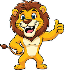 Cheerful cartoon lion standing upright with thumbs-up gesture, confident pose, blue eyes, brown mane, kids animal character illustration