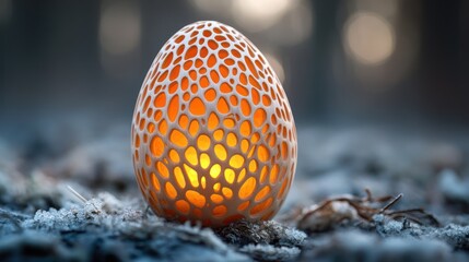 Ornate egg illuminated by light in winter scene. Possible use Holiday/seasonal stock image