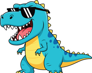 Cool cartoon dinosaur with sunglasses, yellow spikes, confident pose, open mouth, sharp teeth, playful kids illustration, fun animal character