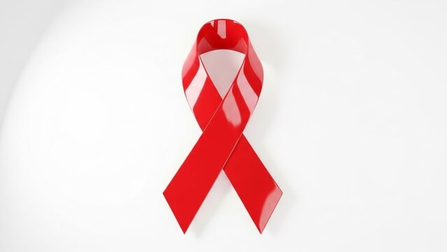 Red awareness ribbon on white background, glossy silk AIDS support symbol, medical healthcare campaign icon for HIV and heart disease