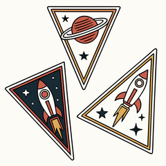 A collection of three triangular space themed patches featuring a planet with rings a rocket ship in flight and another rocket ship in space with stars