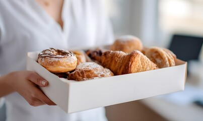 Woman's hand holding a large white pastry box containing delicious pastries